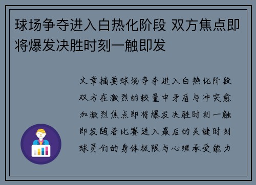 球场争夺进入白热化阶段 双方焦点即将爆发决胜时刻一触即发