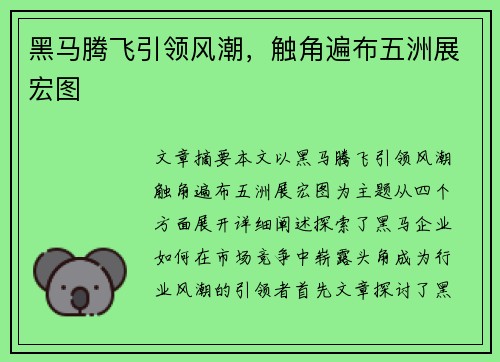 黑马腾飞引领风潮，触角遍布五洲展宏图