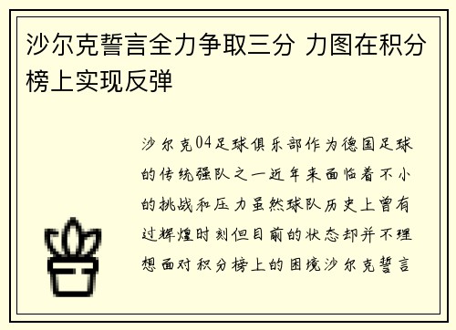 沙尔克誓言全力争取三分 力图在积分榜上实现反弹